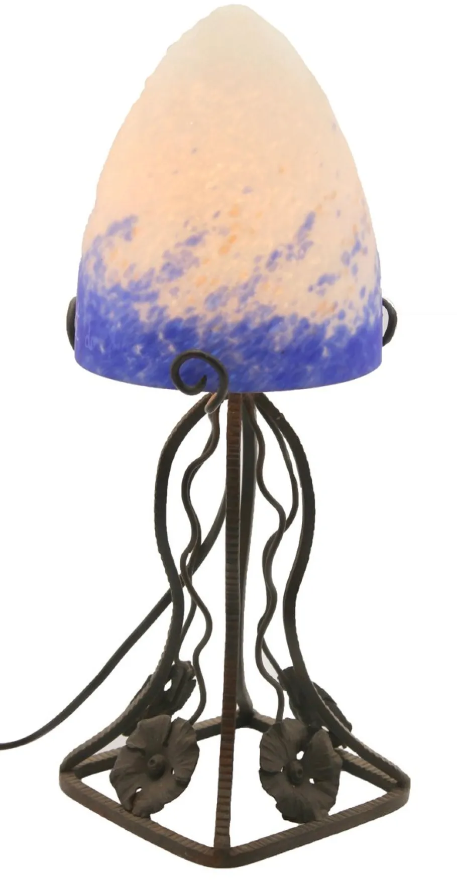 Sale Pamono French Art Deco Wrought Iron Lamps with Glass Shades, Set of 2