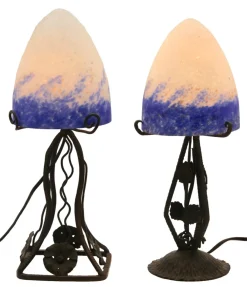 Sale Pamono French Art Deco Wrought Iron Lamps with Glass Shades, Set of 2