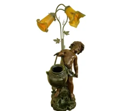 Discount Pamono French Art Nouveau Table Lamp with Bronze Figure of Auguste Moreau and Glass Lampshades