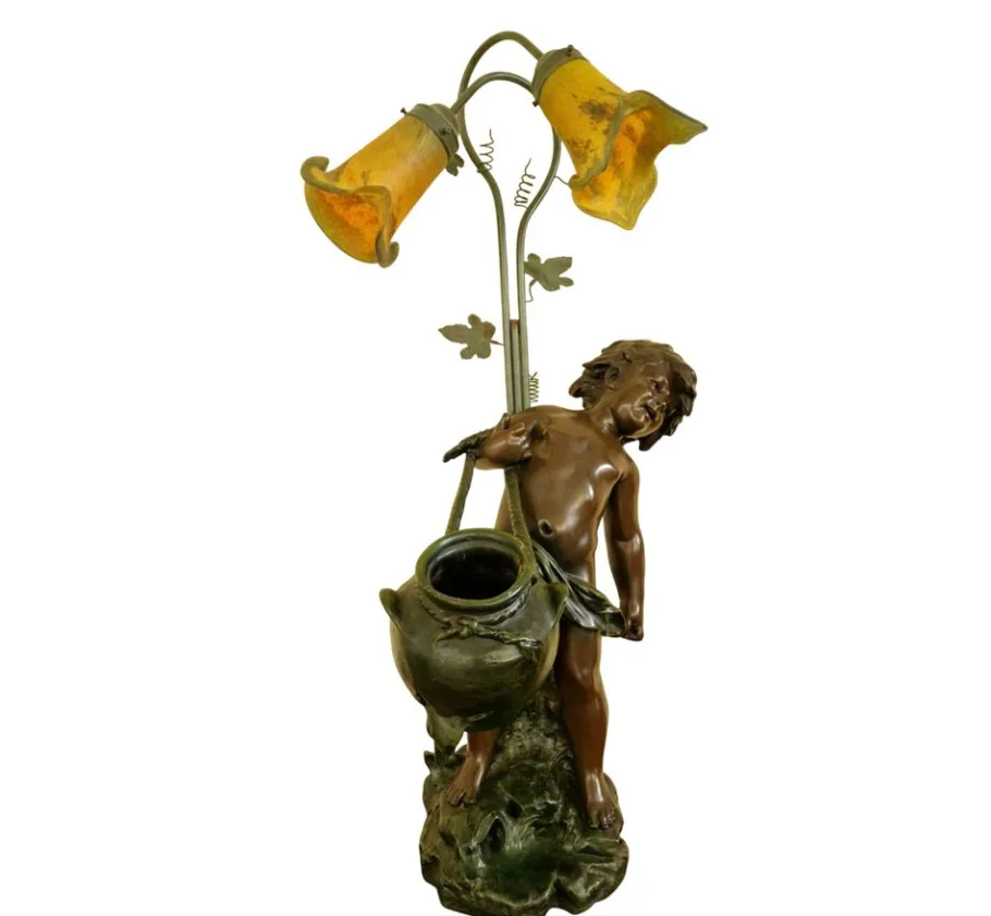 Discount Pamono French Art Nouveau Table Lamp with Bronze Figure of Auguste Moreau and Glass Lampshades