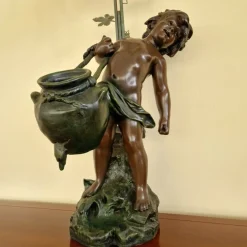 Discount Pamono French Art Nouveau Table Lamp with Bronze Figure of Auguste Moreau and Glass Lampshades