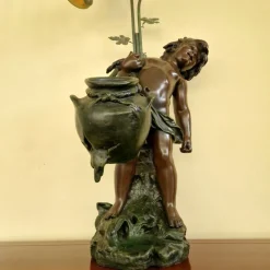 Discount Pamono French Art Nouveau Table Lamp with Bronze Figure of Auguste Moreau and Glass Lampshades