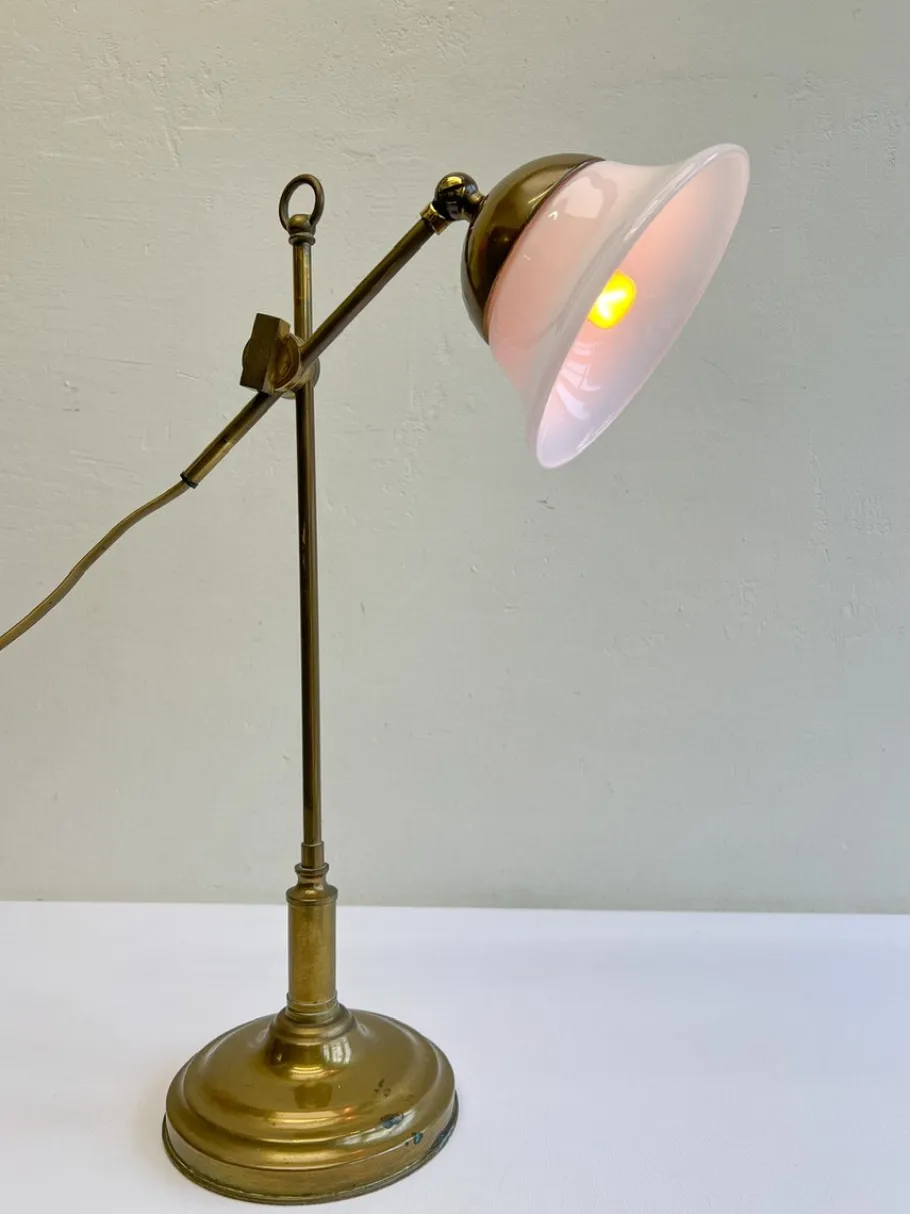 Sale Pamono French Brass Adjustable Desk Lamp with Opaline Glass Shade, 1950s