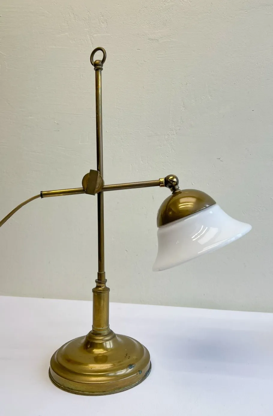 Sale Pamono French Brass Adjustable Desk Lamp with Opaline Glass Shade, 1950s