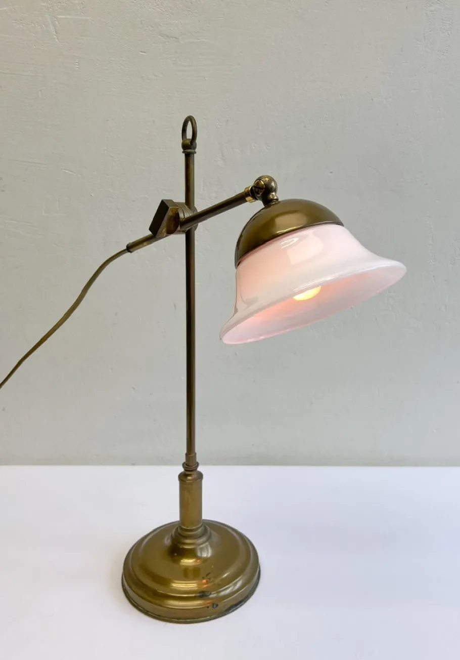 Sale Pamono French Brass Adjustable Desk Lamp with Opaline Glass Shade, 1950s