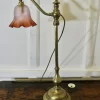 Pamono French Brass Desk/Table Lamp with Detailed Pink/Amber Glass Shade, 1890s