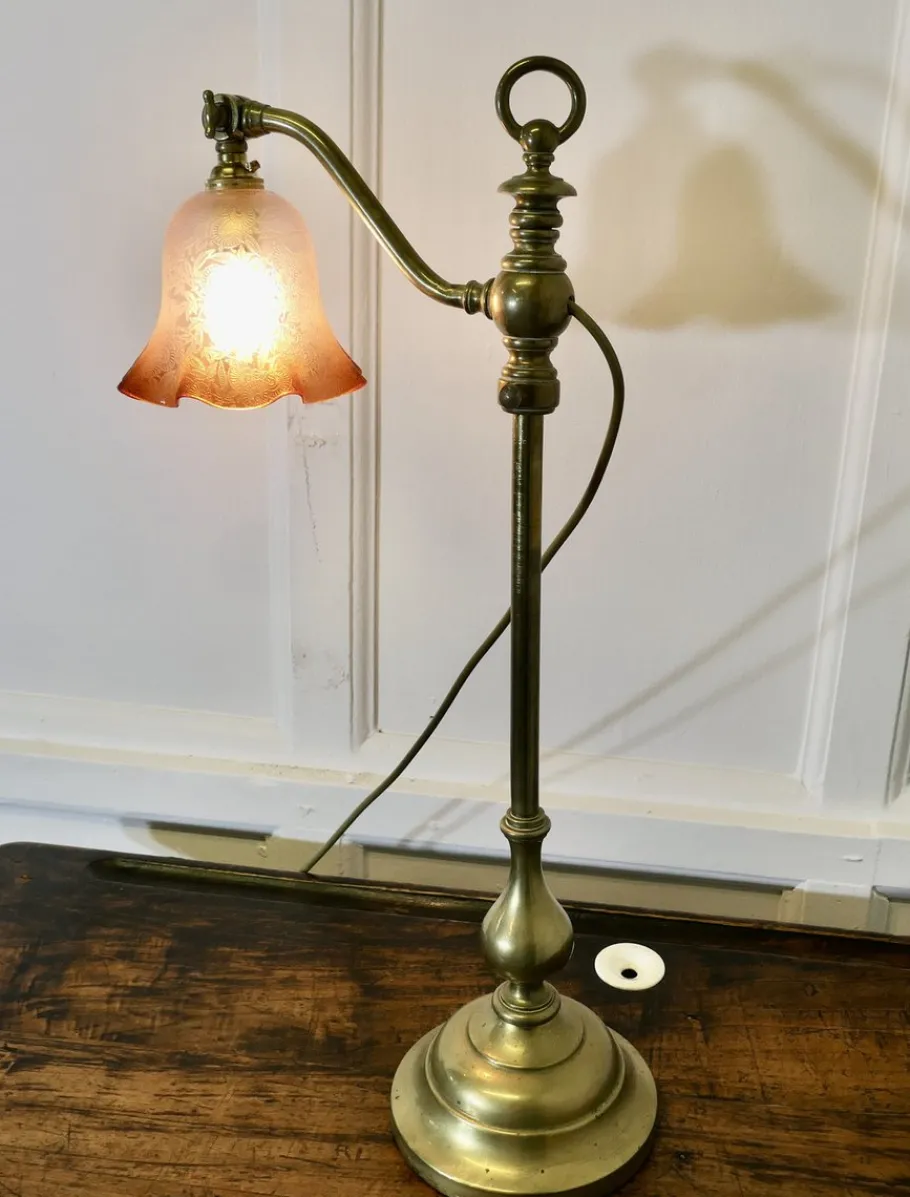 Pamono French Brass Desk/Table Lamp with Detailed Pink/Amber Glass Shade, 1890s