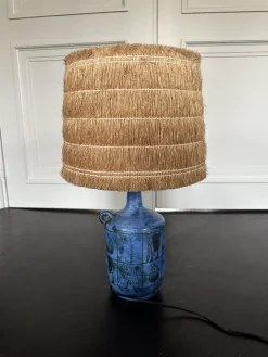 Hot Pamono French Ceramic Lamp with Original Straw Lampshade by Jacques Blin, 1950s