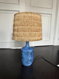 Hot Pamono French Ceramic Lamp with Original Straw Lampshade by Jacques Blin, 1950s