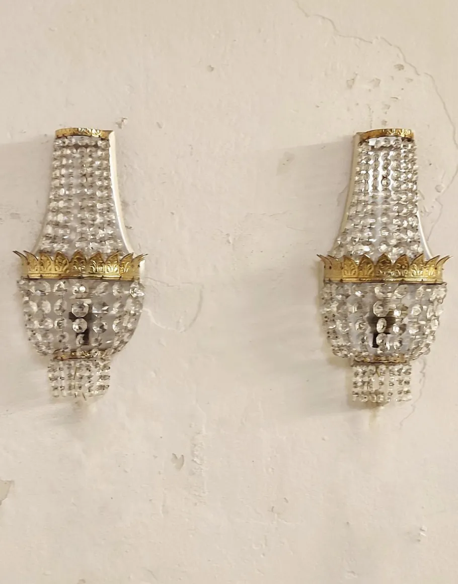 New Pamono French Classic Crystal and Brass Wall Lights, 1950s, Set of 2