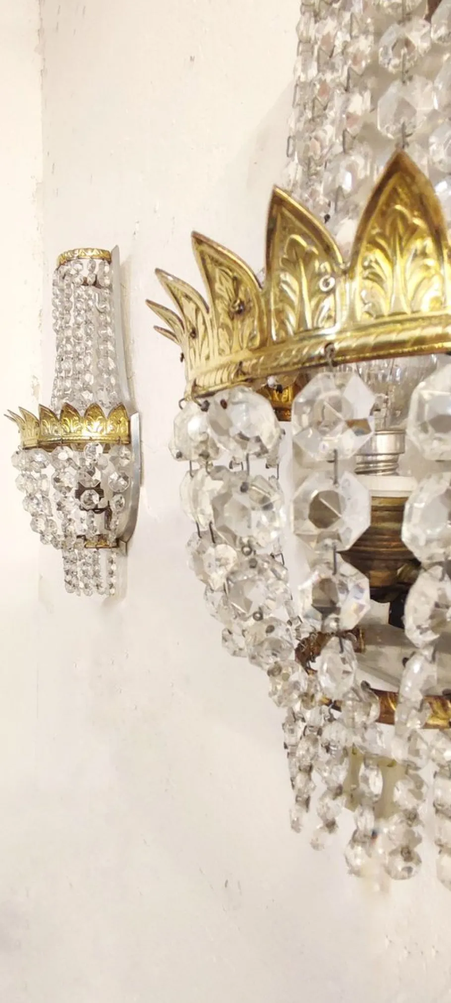 New Pamono French Classic Crystal and Brass Wall Lights, 1950s, Set of 2