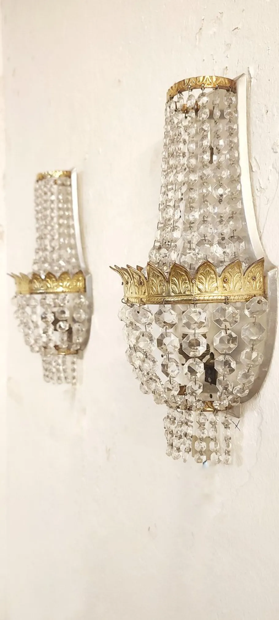 New Pamono French Classic Crystal and Brass Wall Lights, 1950s, Set of 2