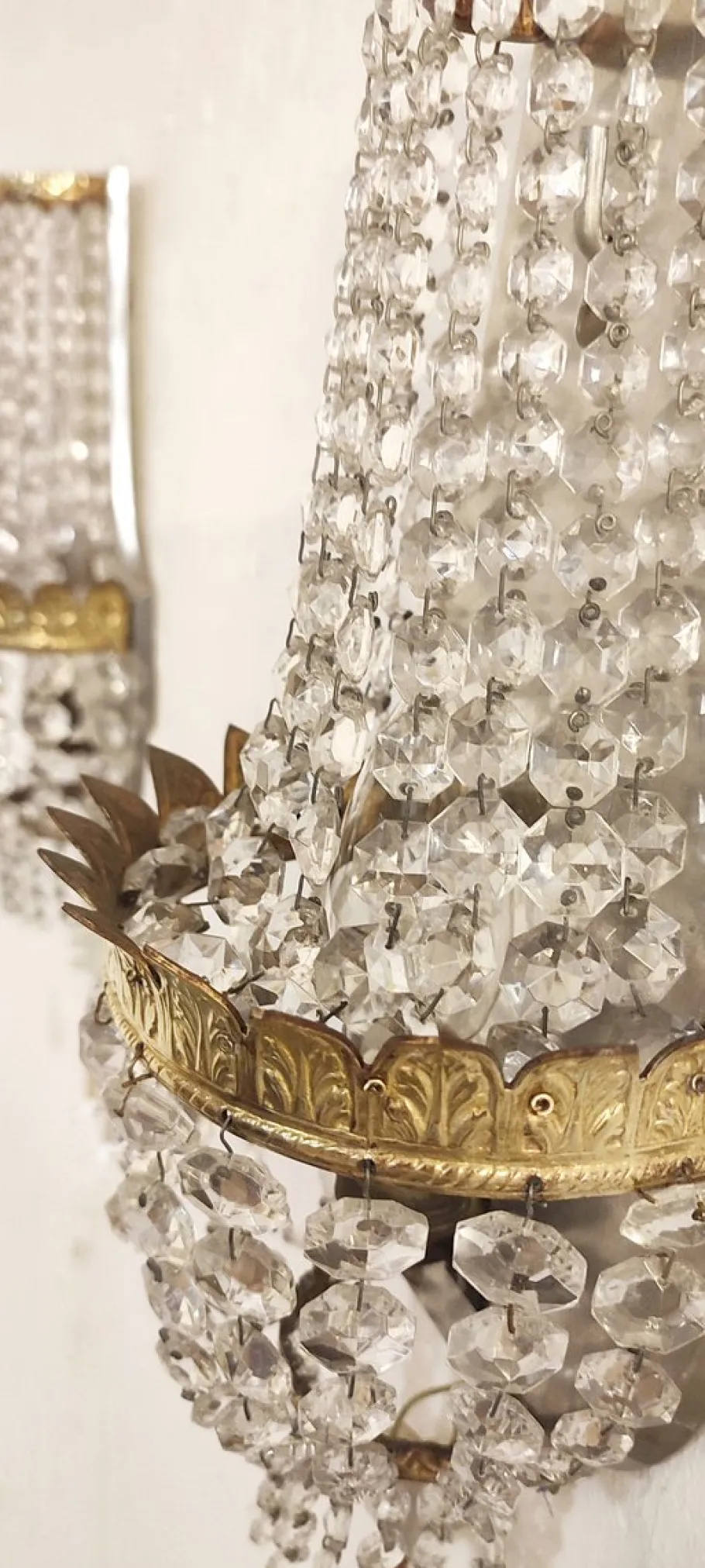 New Pamono French Classic Crystal and Brass Wall Lights, 1950s, Set of 2