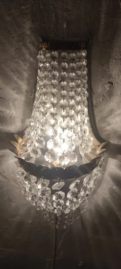 New Pamono French Classic Crystal and Brass Wall Lights, 1950s, Set of 2