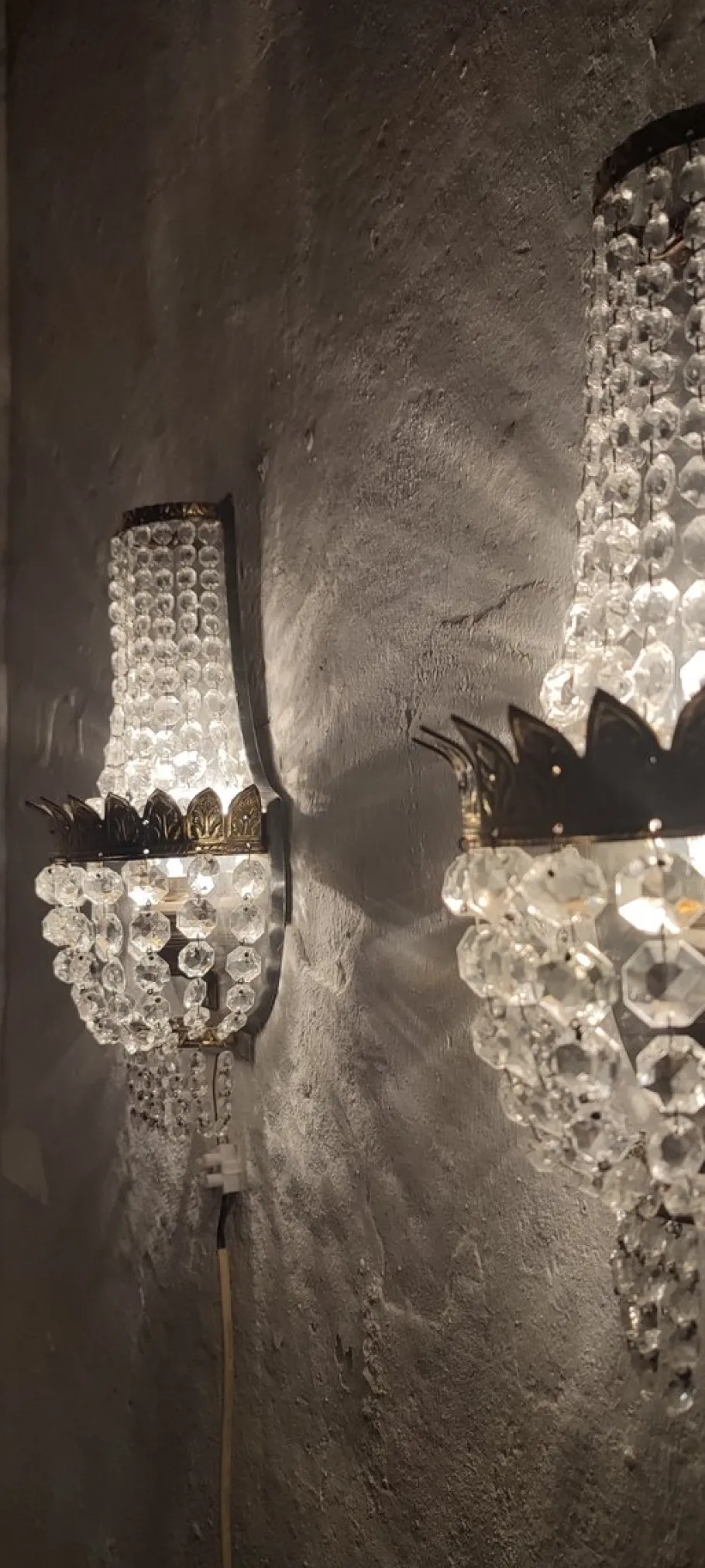 New Pamono French Classic Crystal and Brass Wall Lights, 1950s, Set of 2