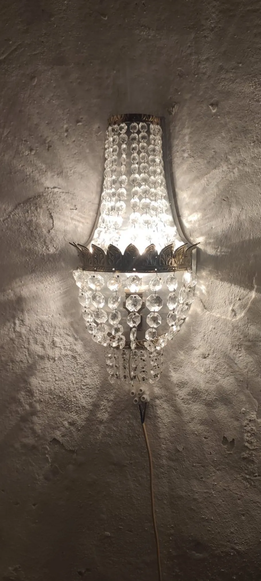 New Pamono French Classic Crystal and Brass Wall Lights, 1950s, Set of 2
