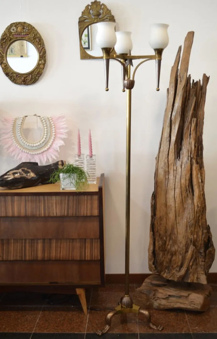 Online Pamono French Floor Lamp with Three Lights in Bronze and Brass, 1950s