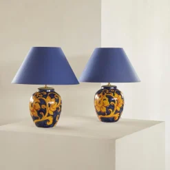 Discount Pamono French Hand-Painted Ceramic Table Lamps with Floral Decor, 1980s, Set of 2