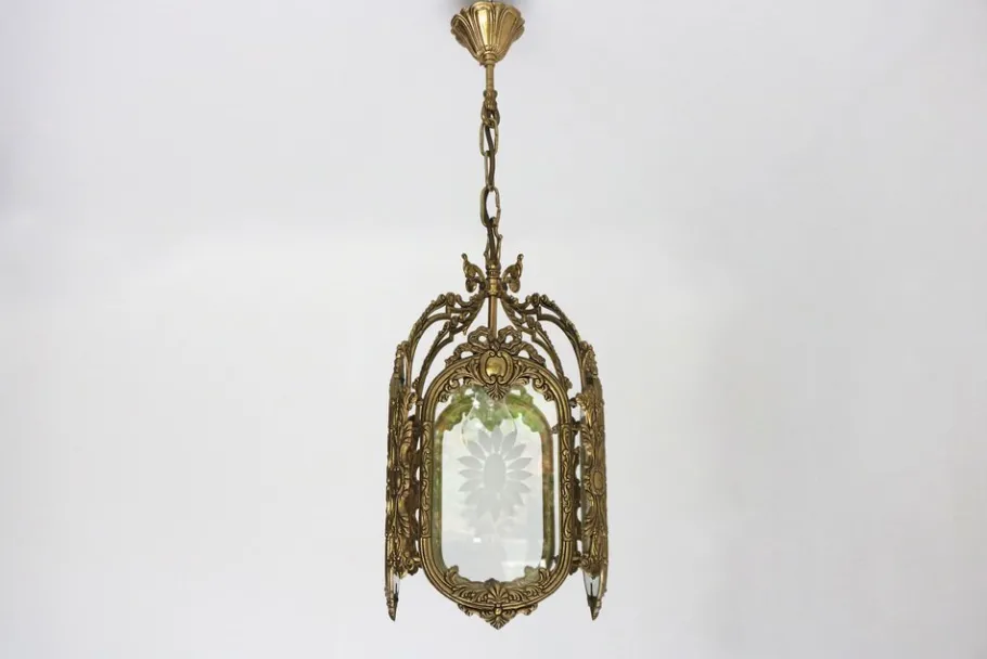 New Pamono French Louis XVI Style Brass and Etched Glass Lantern, 1950s