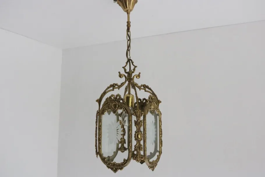 New Pamono French Louis XVI Style Brass and Etched Glass Lantern, 1950s