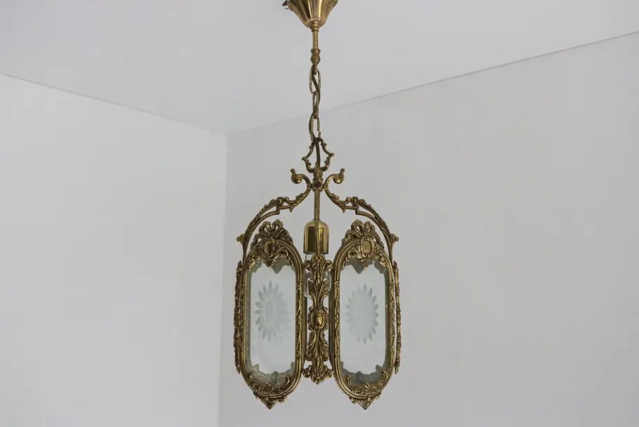 New Pamono French Louis XVI Style Brass and Etched Glass Lantern, 1950s