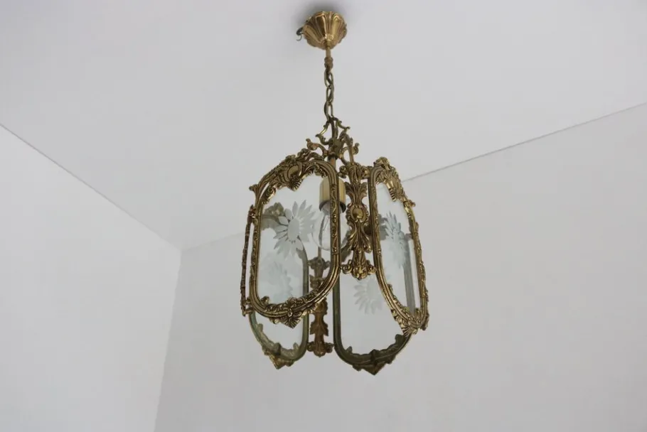 New Pamono French Louis XVI Style Brass and Etched Glass Lantern, 1950s