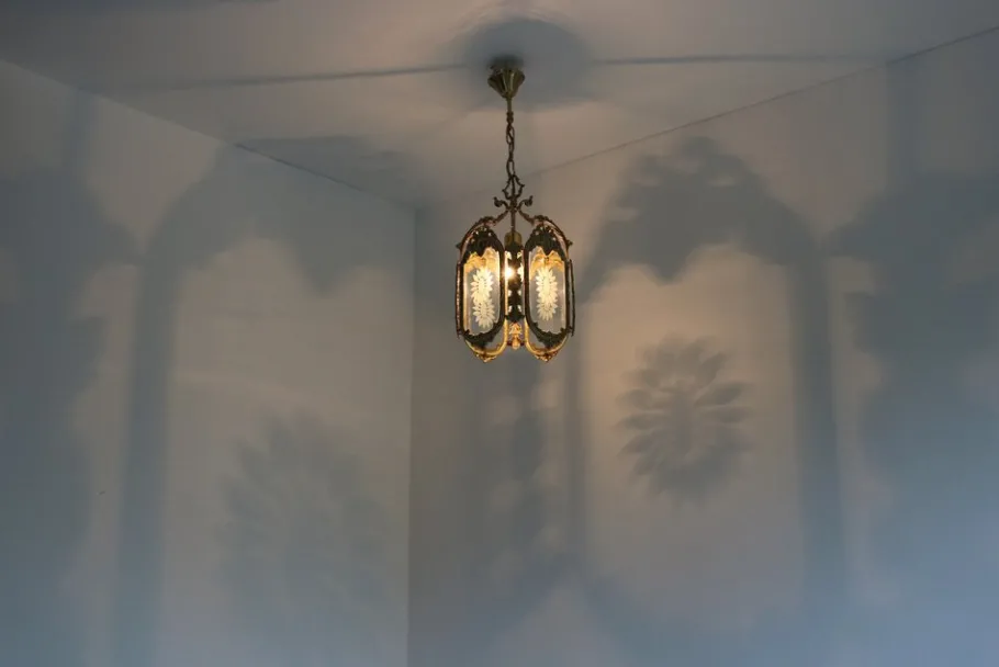 New Pamono French Louis XVI Style Brass and Etched Glass Lantern, 1950s