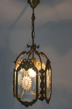New Pamono French Louis XVI Style Brass and Etched Glass Lantern, 1950s