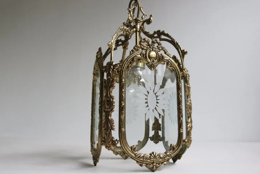 New Pamono French Louis XVI Style Brass and Etched Glass Lantern, 1950s