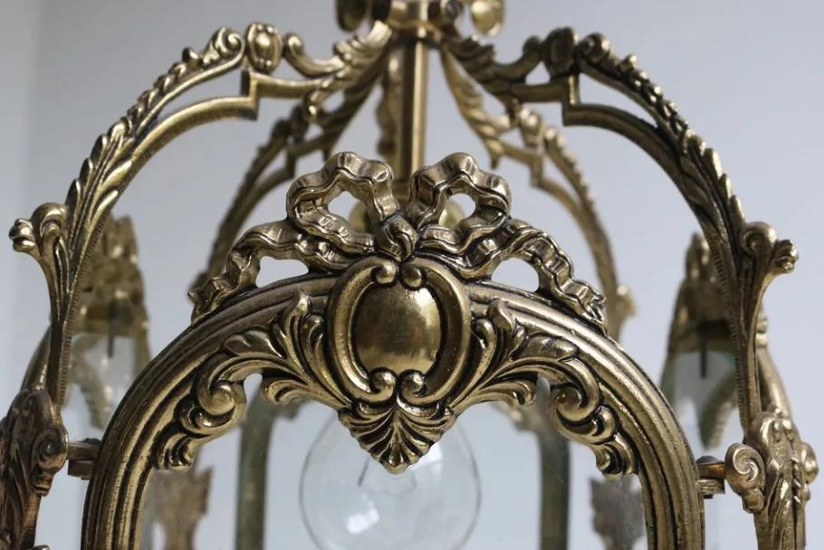 New Pamono French Louis XVI Style Brass and Etched Glass Lantern, 1950s