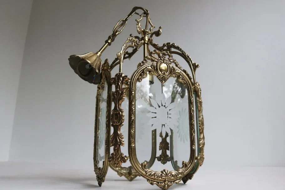 New Pamono French Louis XVI Style Brass and Etched Glass Lantern, 1950s