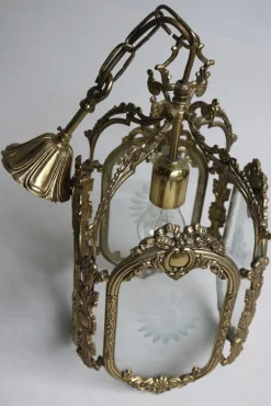 New Pamono French Louis XVI Style Brass and Etched Glass Lantern, 1950s