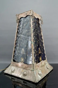 Outlet Pamono French Moorish Style Lamp in Patinated Copper and Painted Glass, 1950s