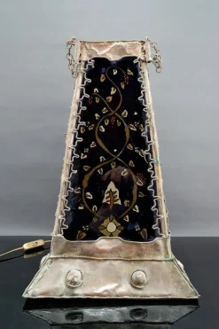 Outlet Pamono French Moorish Style Lamp in Patinated Copper and Painted Glass, 1950s