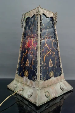 Outlet Pamono French Moorish Style Lamp in Patinated Copper and Painted Glass, 1950s