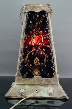 Outlet Pamono French Moorish Style Lamp in Patinated Copper and Painted Glass, 1950s