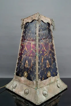 Outlet Pamono French Moorish Style Lamp in Patinated Copper and Painted Glass, 1950s