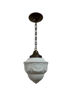 Discount Pamono French Opaline Milk Glass Pendant with Chain and Ceiling Rose, 1930s