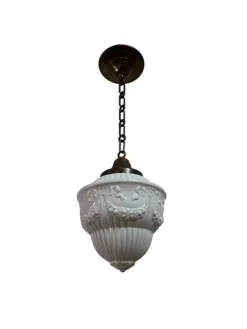 Discount Pamono French Opaline Milk Glass Pendant with Chain and Ceiling Rose, 1930s