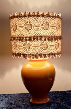 Hot Pamono French Orange Ceramic Base Table Lamp from Kostka with Handmade Lace Shade, 1980s