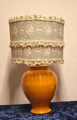 Hot Pamono French Orange Ceramic Base Table Lamp from Kostka with Handmade Lace Shade, 1980s