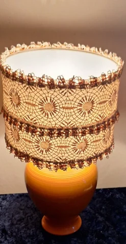 Hot Pamono French Orange Ceramic Base Table Lamp from Kostka with Handmade Lace Shade, 1980s