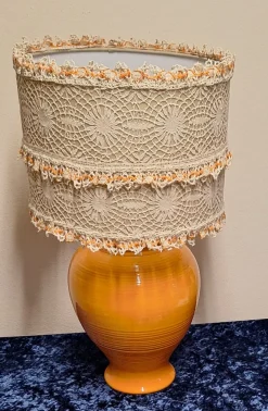 Hot Pamono French Orange Ceramic Base Table Lamp from Kostka with Handmade Lace Shade, 1980s