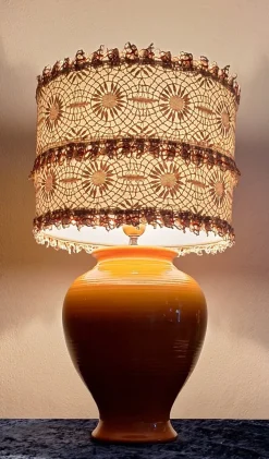 Hot Pamono French Orange Ceramic Base Table Lamp from Kostka with Handmade Lace Shade, 1980s