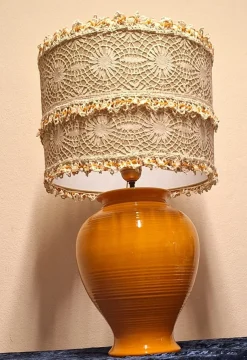Hot Pamono French Orange Ceramic Base Table Lamp from Kostka with Handmade Lace Shade, 1980s