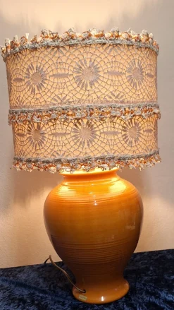 Hot Pamono French Orange Ceramic Base Table Lamp from Kostka with Handmade Lace Shade, 1980s