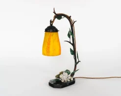 Outlet Pamono French Polychrome Iron Table Lamp with Pate-De-Verre Glass Shade, 1920s