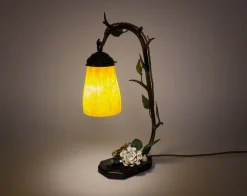 Outlet Pamono French Polychrome Iron Table Lamp with Pate-De-Verre Glass Shade, 1920s