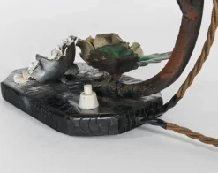 Outlet Pamono French Polychrome Iron Table Lamp with Pate-De-Verre Glass Shade, 1920s