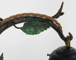 Outlet Pamono French Polychrome Iron Table Lamp with Pate-De-Verre Glass Shade, 1920s